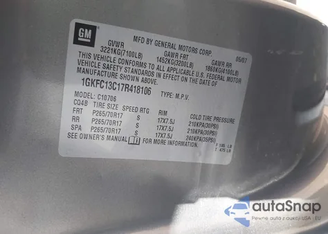 2007 GMC Yukon Sle z USA, uszkodzony, nr VIN 1GKFC13C17R418106
